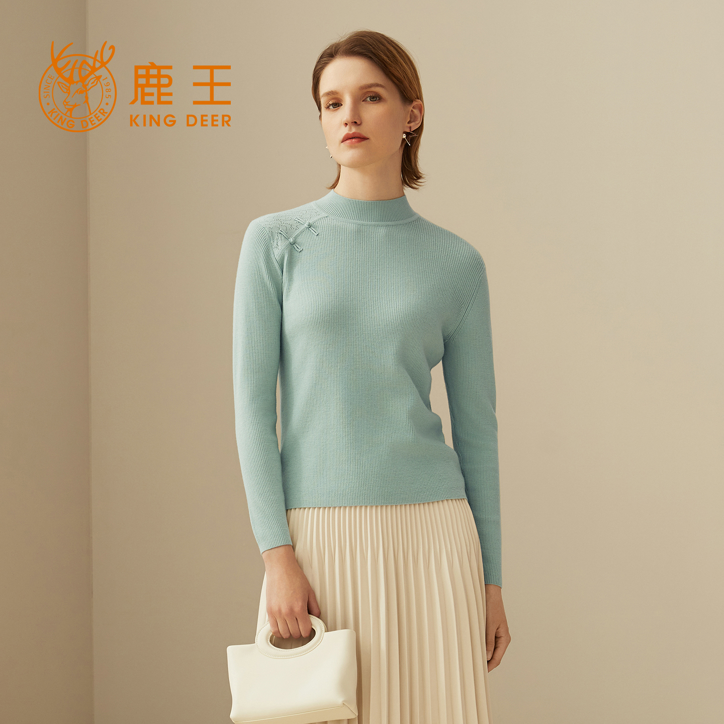 鹿王精纺100%纯山羊绒衫女士半高领针织保暖修身显瘦套头毛衣新款