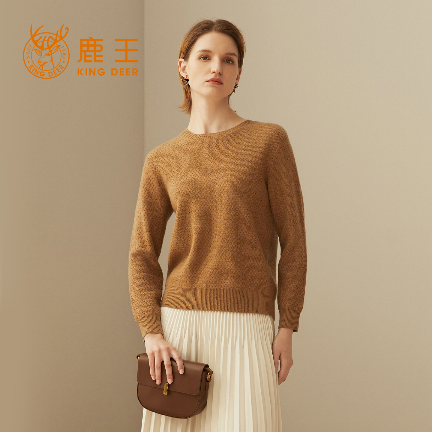 鹿王100%山羊绒衫女士圆领提花