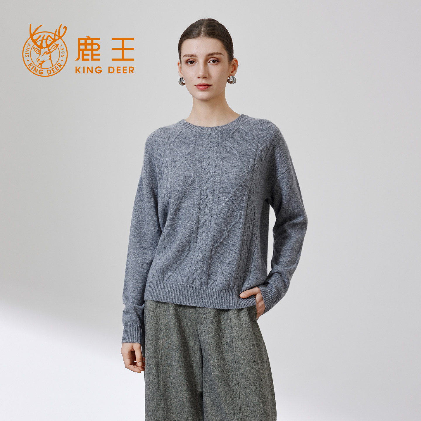 鹿王100%山羊绒女圆领保暖衫