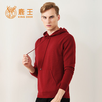 King Deer/鹿王羊绒衫男100纯多色新款连帽领平针运动风套衫