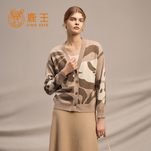 鹿王100%山羊绒衫V领花卉针织衫