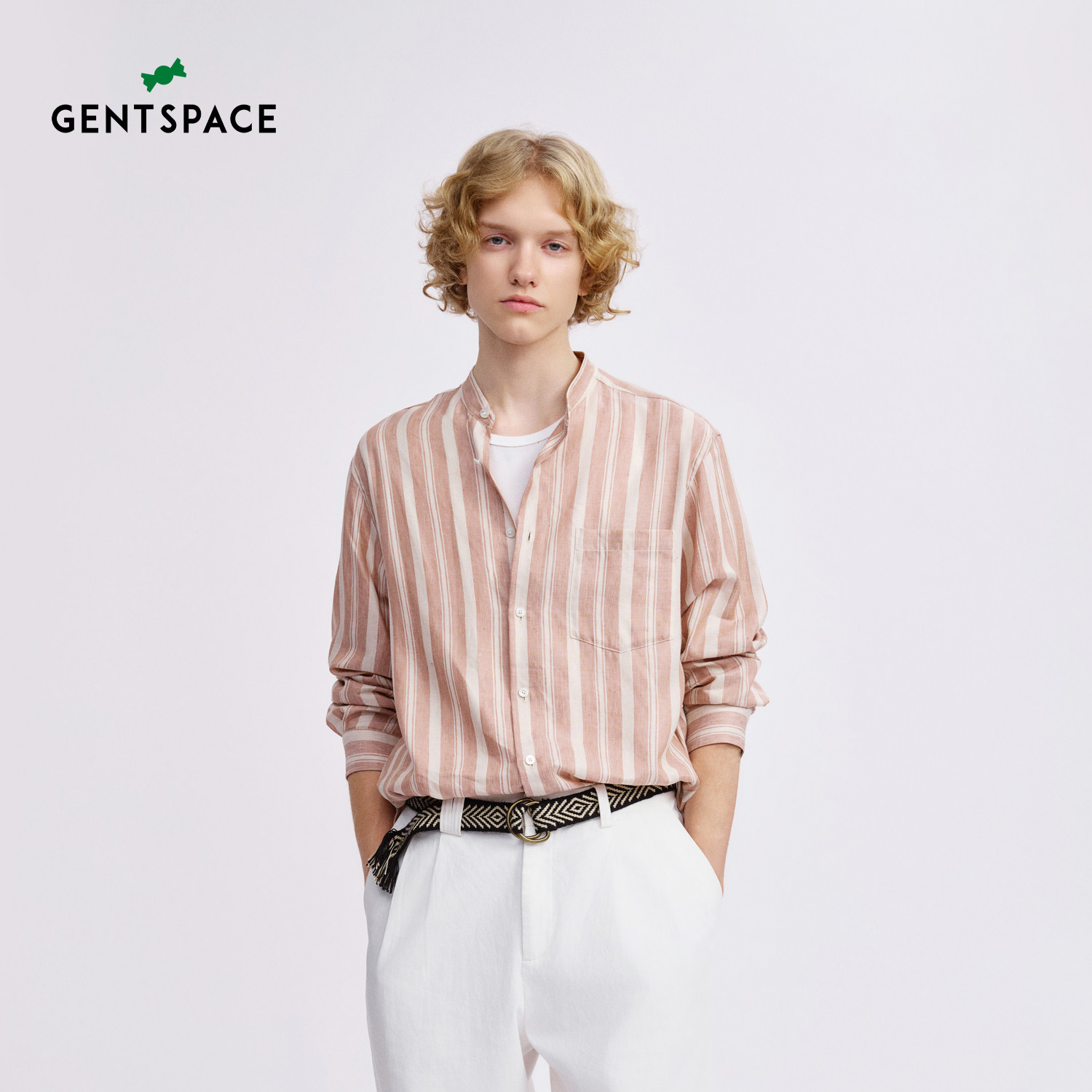 GENTSPACE春夏新品立领竖条纹知识分子文艺都市宽松长袖衬衫