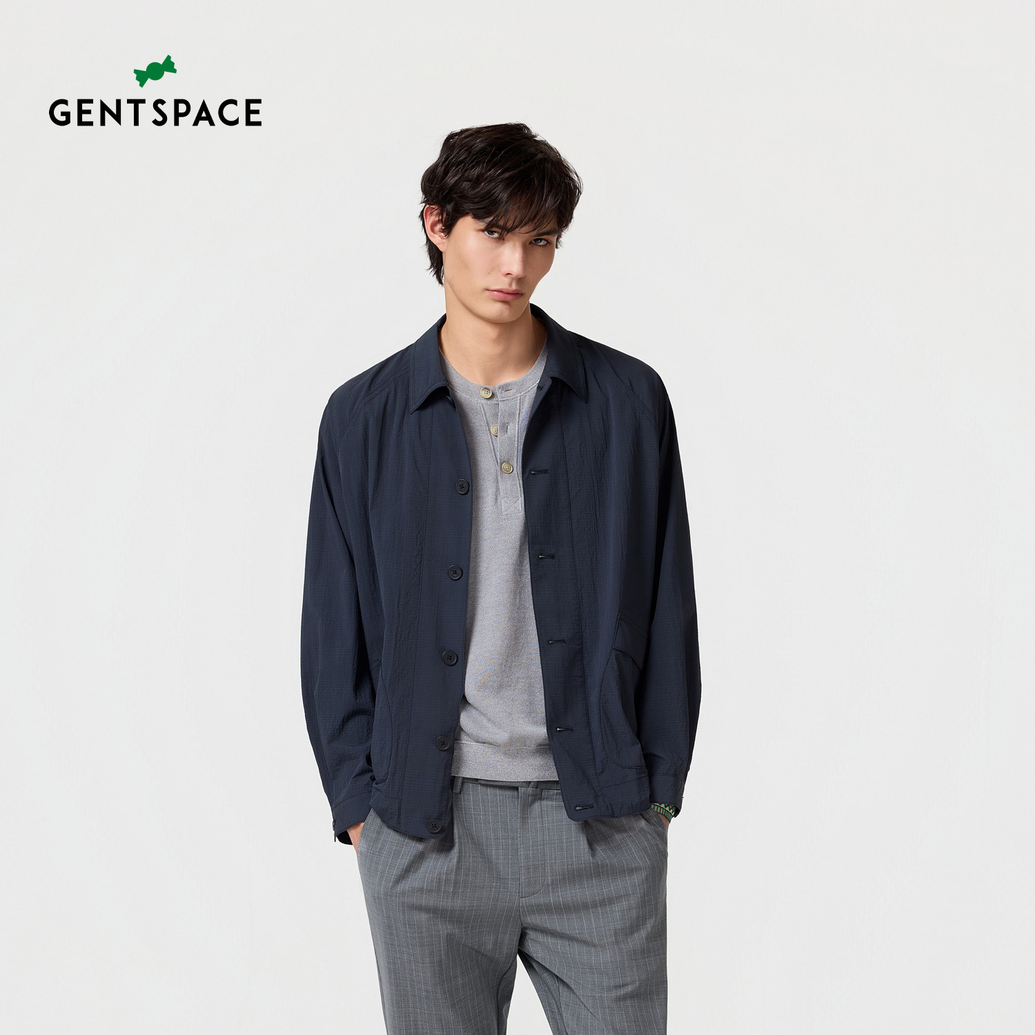 GENTSPACE26年春季新品时尚暗格纹肌理混纺宽松翻领男士休闲夹克