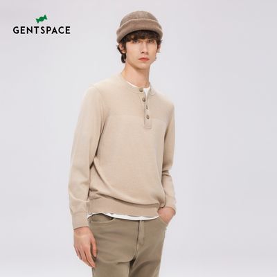 亨利领圆领拼接纯色针织套头衫