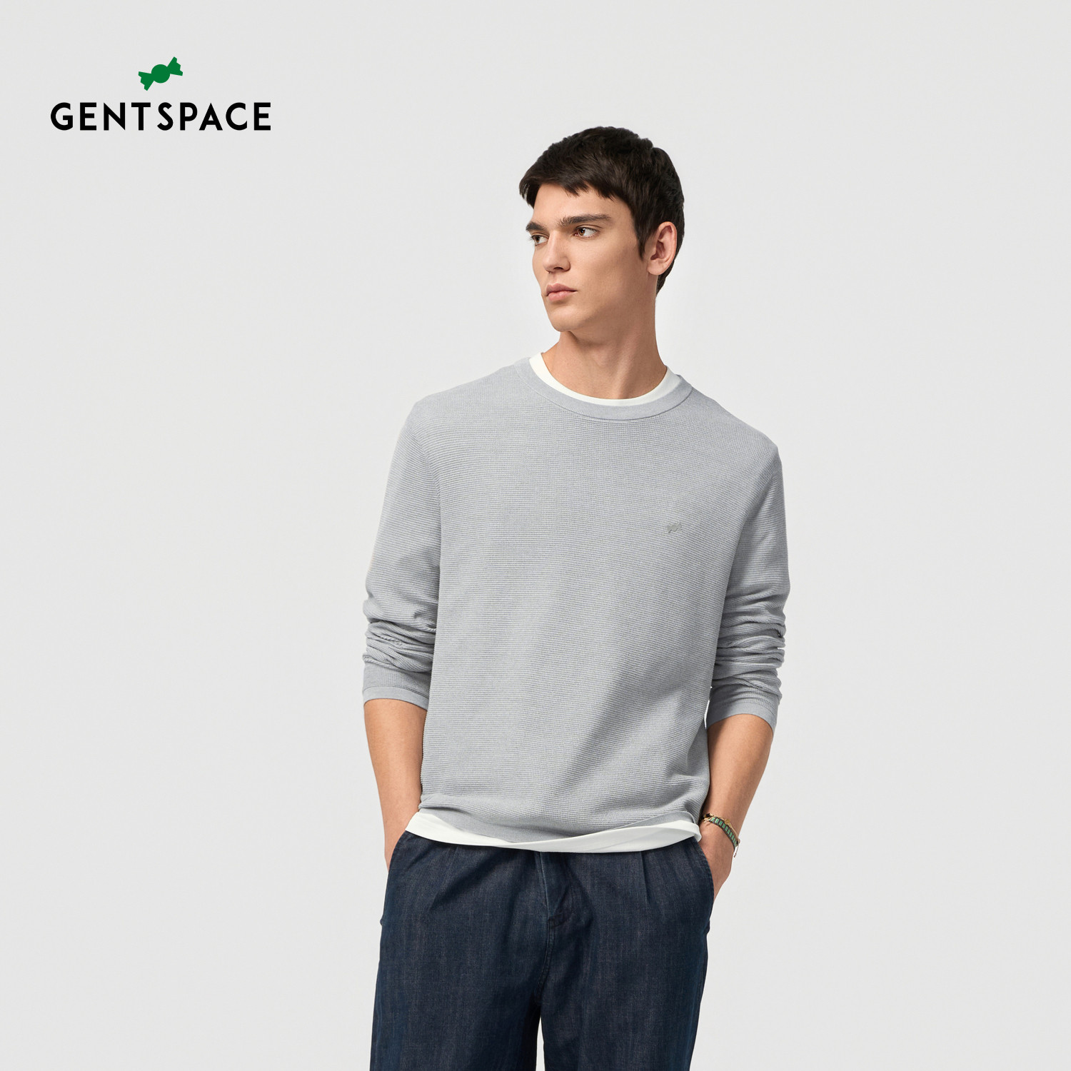 GENTSPACE春新品长袖纯色基础简约圆领休闲T恤