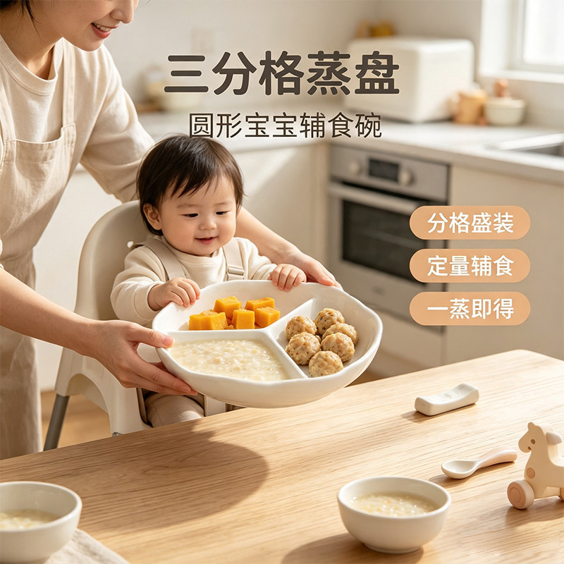 三分格蒸盘圆形宝宝辅食碗图片