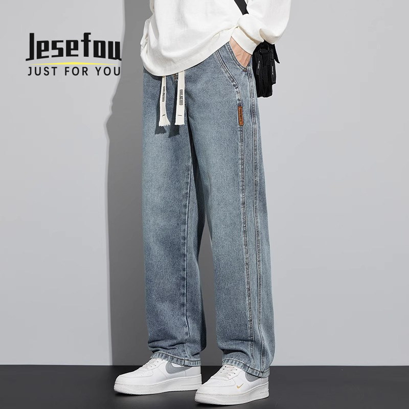 Jesefou宽松直筒牛仔裤男松紧带休闲挺括阔腿裤复古美式工装长裤