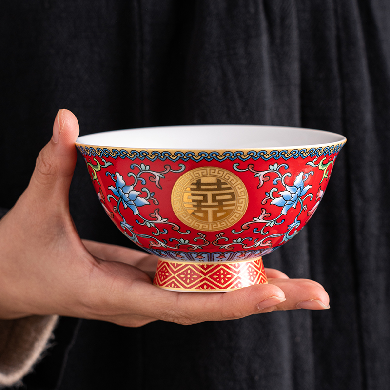 珐琅彩结婚碗筷套装婚礼喜碗对碗红碗敬茶杯一对陪嫁婚庆用品大全