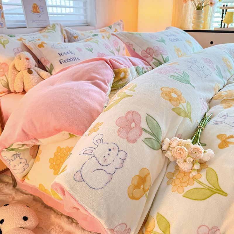 卡通加厚牛奶绒四件套法兰绒保暖