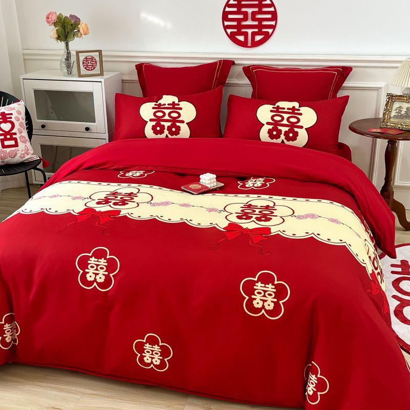 结婚床上用品四件套婚庆红色婚房喜被磨毛床单被罩大红色婚礼被套