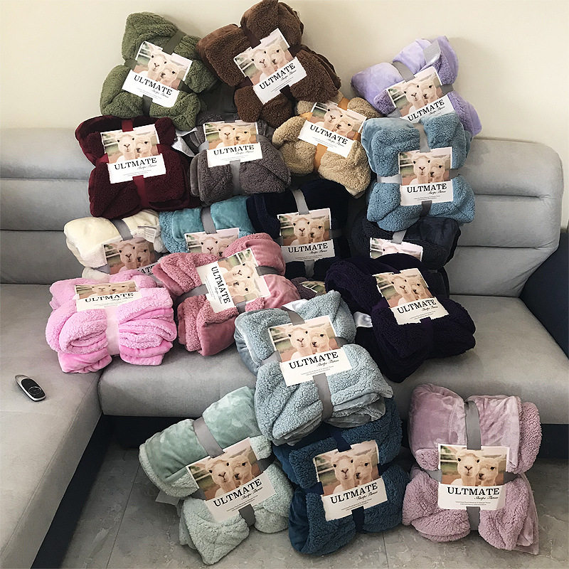 外贸纯色马卡龙秋冬双层毛毯加厚法莱绒羊羔绒毛毯休闲复合毯