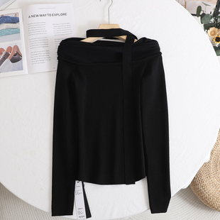 黑色修身 艾 新款 女2025春季 显瘦套头毛衣 设计感挂脖飘带针织衫