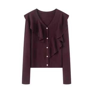 女纽扣长袖 V领不规则荷叶边针织开衫 显瘦毛衣上衣2025秋冬 修身 艾