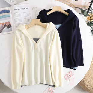 伊系 撞色拼接假两件连帽针织衫女2026春季新款百搭显瘦温柔毛衣