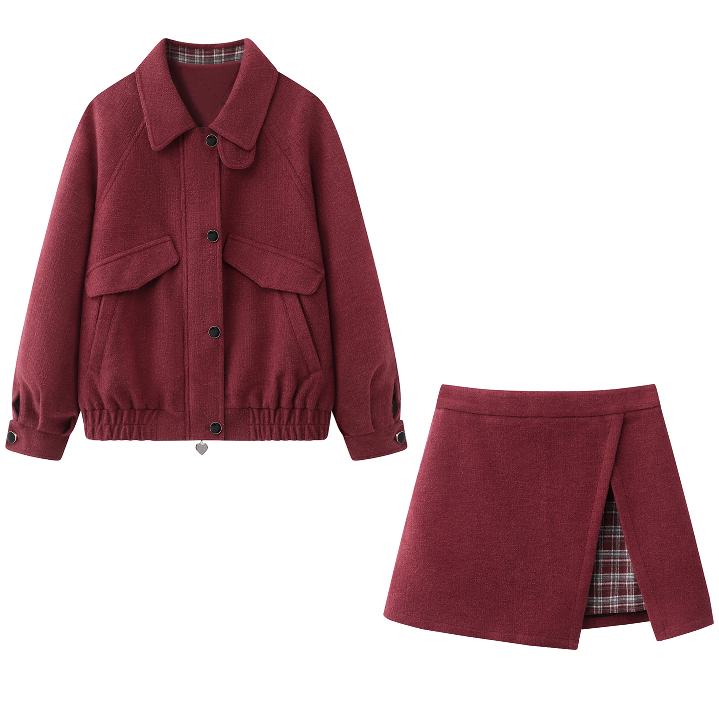 复古红色夹棉外套半裙套装女