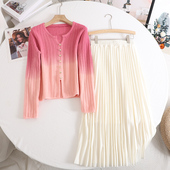 高腰垂感A字裙套装 影系 慵懒风渐变色套头假开衫 新款 女 2025春季