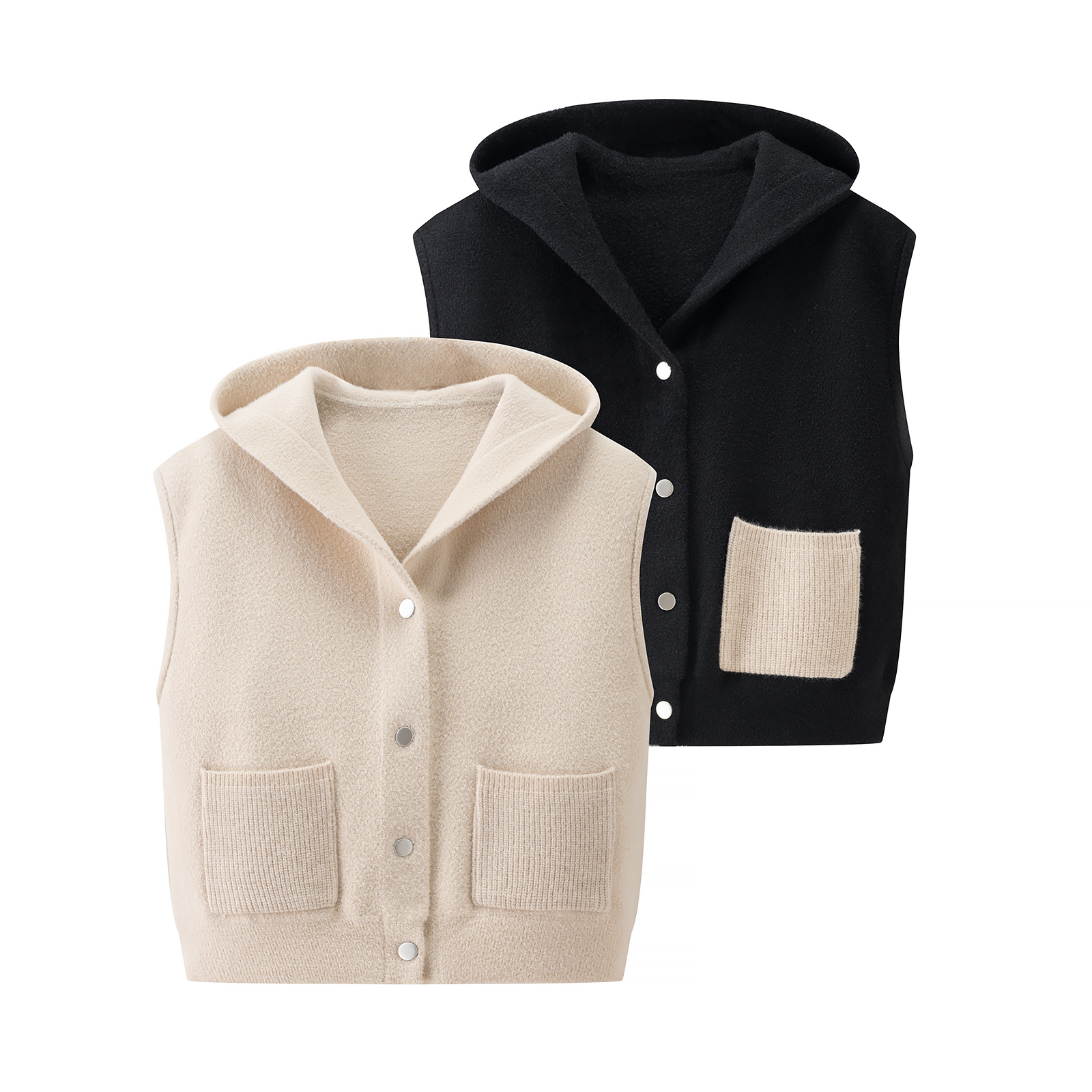 韩式简约风连帽口袋马甲针织衫