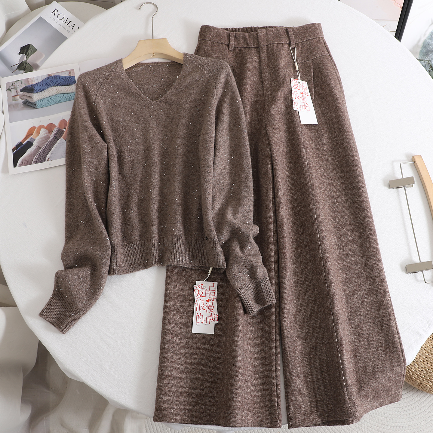 优雅气质亮片毛衣阔腿裤套装