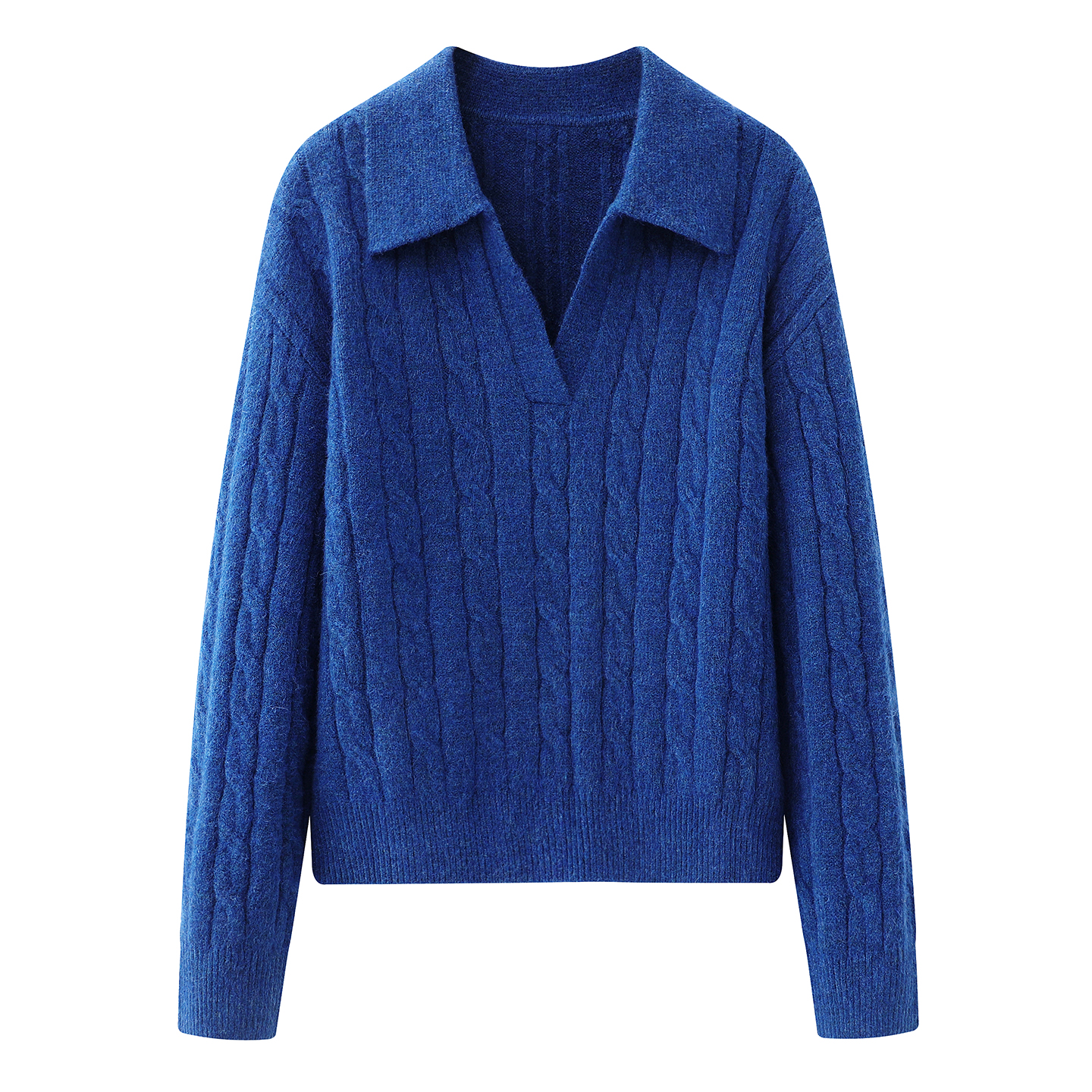 蓝色复古V领麻花纹毛衣针织衫女