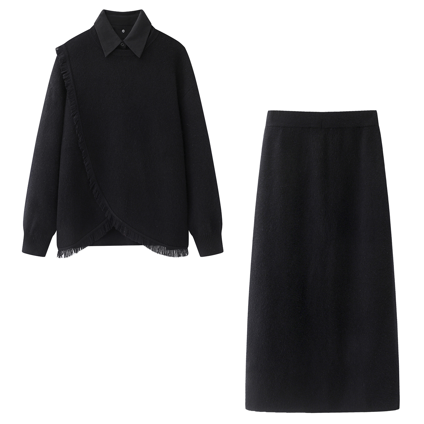 黑色假两件流苏边毛衣半裙套装