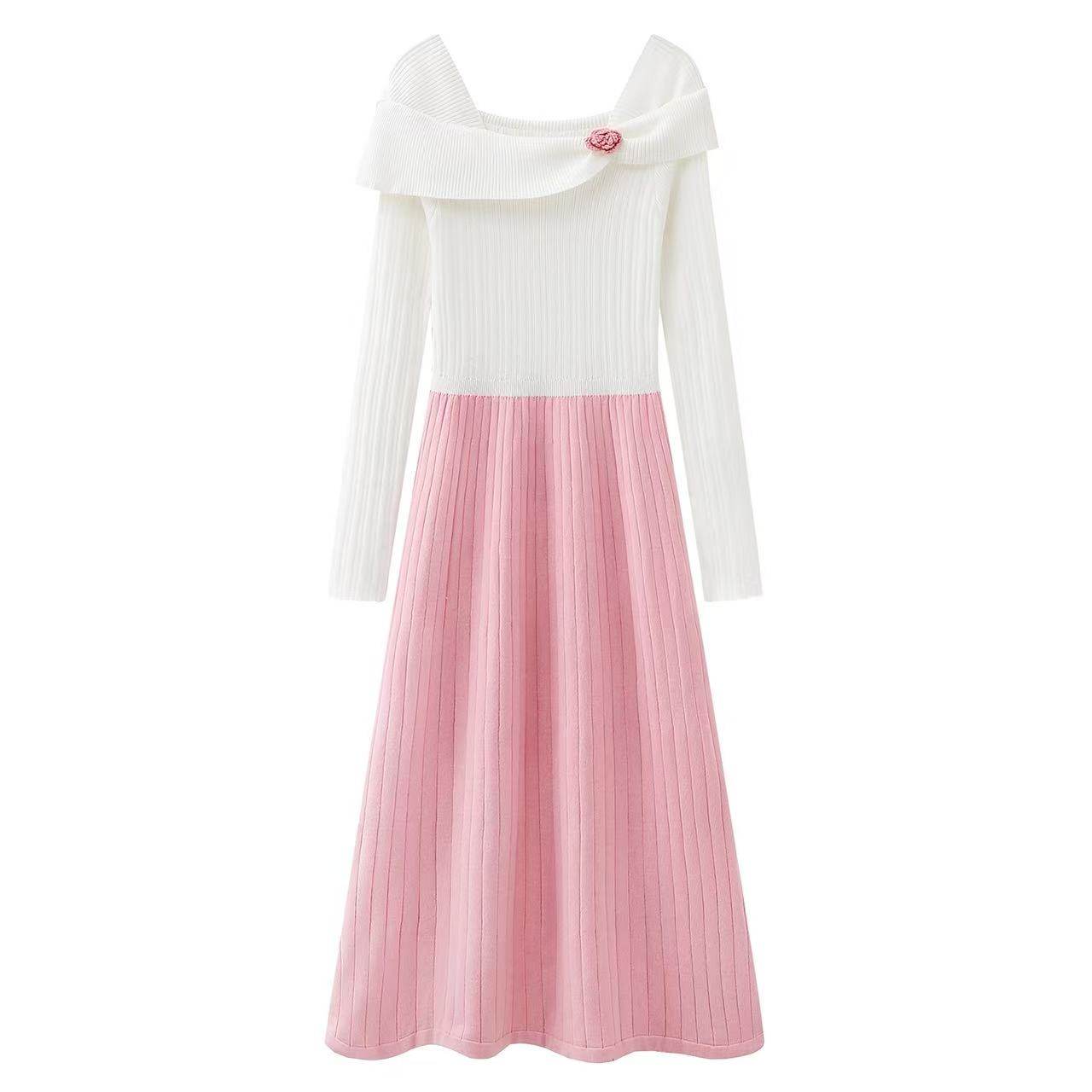 法式甜美风一字肩针织连衣裙女