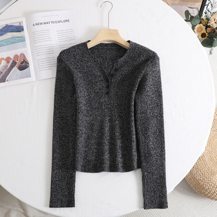 修身 女2025秋冬新款 显瘦气质套头毛衣上衣 设计感V领纽扣针织衫 艾