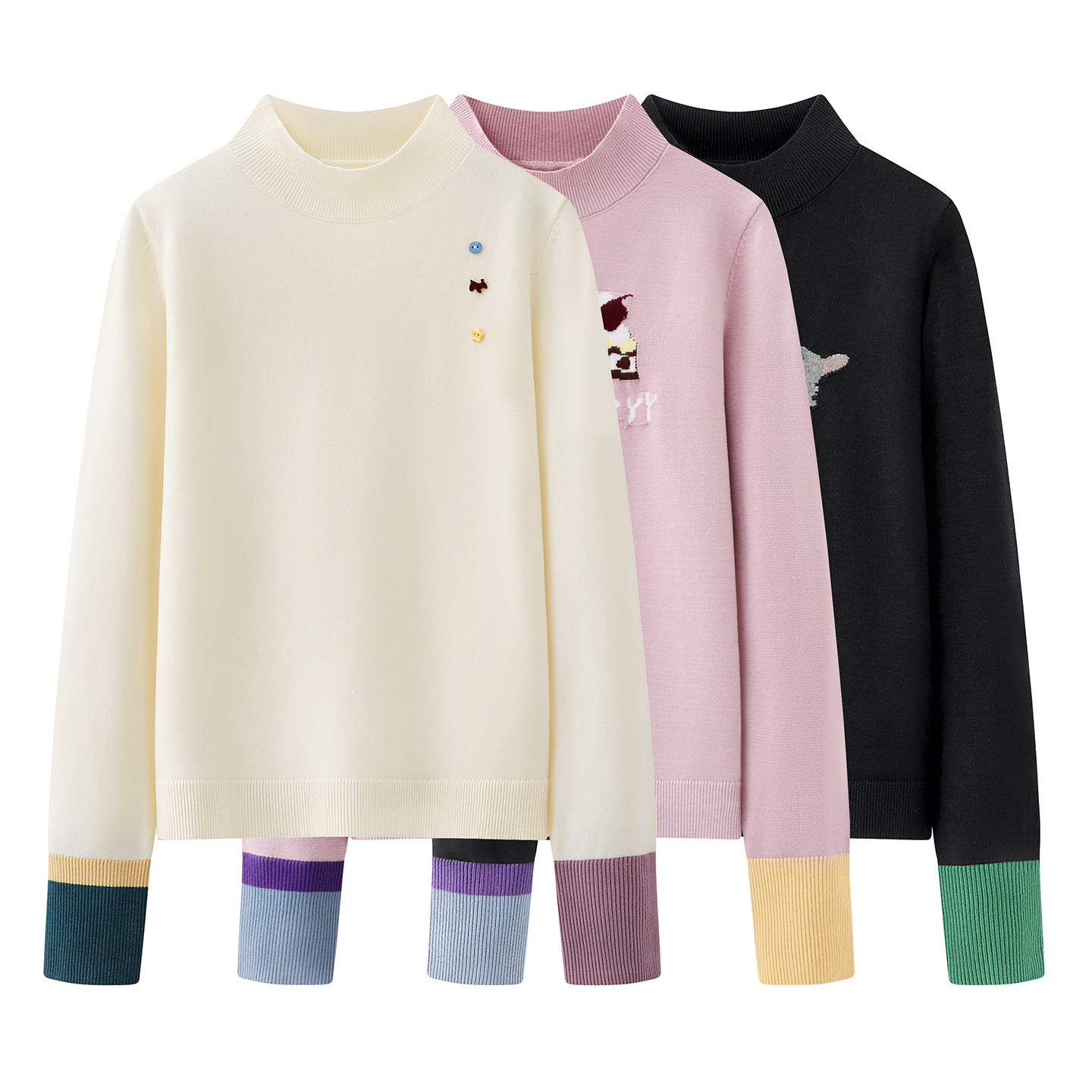 阔 撞色假两件半高领针织衫女2025冬季新款动物图案套头毛衣上衣,女装/女士精品,毛针织衫,淘宝优惠券,粉丝福利购,淘宝优惠卷