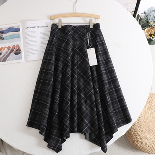诗系 复古格纹A字半身裙女2025冬季高腰不规则大摆显瘦气质休闲裙