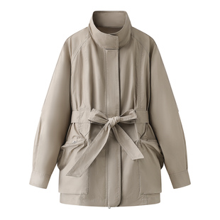 直筒型系带收腰中长款 艾 新款 立领风衣外套女2026春装 风衣 时尚