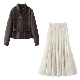 高级感酷飒收腰翻领外套套装 复古美拉德皮衣半身裙套装 女2026春季
