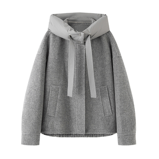 休闲蝙蝠袖 羽绒连帽领双面大衣外套女2025秋冬新款 短上衣 时尚 艾