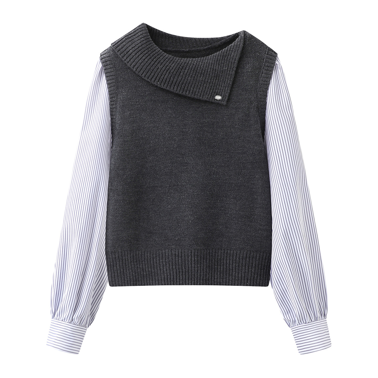 彩系 学院风翻领假两件针织衫女2026春季设计感灰色拼接毛衣上衣,女装/女士精品,毛针织衫,淘宝优惠券,粉丝福利购,淘宝优惠卷