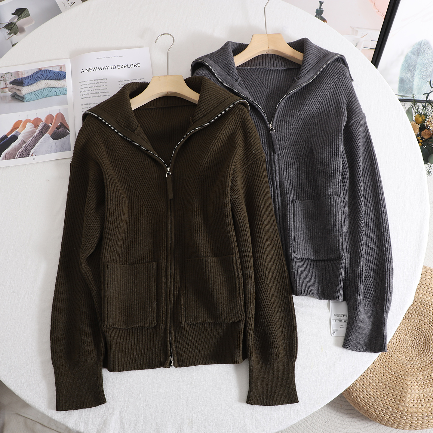 时尚双拉链大翻领口袋针织开衫