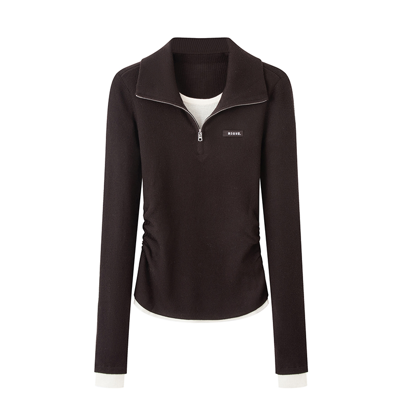 高级感修身显翻领假两件针织衫