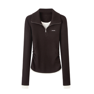 高级感修身 棕色翻领打底衫 显瘦假两件针织衫 时尚 上衣 2025秋季 艾