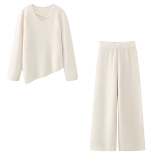 两件套女2025秋冬新款 高腰阔腿裤 气质温柔风不规则V领针织衫 艾