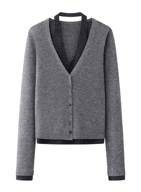 艾 灰色假两件挂脖撞色开衫女2026春季修身显瘦针织衫毛衣上衣