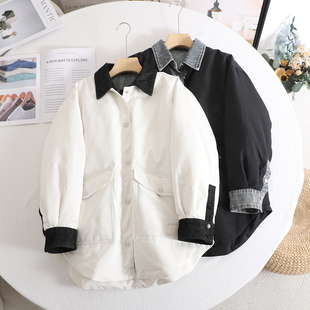 鸟家 时尚撞色拼接翻领牛仔羽绒服女轻薄衬衫式羽绒上衣2025秋冬