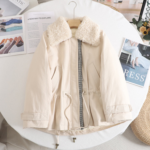 伊系可拆卸毛毛领设计感抽绳花苞修身 千鸟格拼接羽绒服女2025秋冬