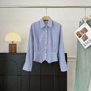 免烫品质设计感高腰蓝色衬衣女 新款 miu系条纹收腰衬衫 2026春装