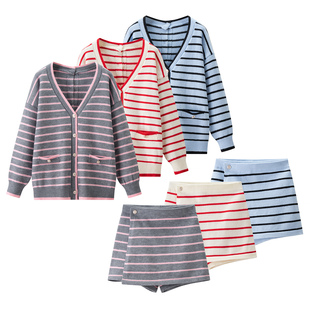 套装 甜美气质V领条纹针织开衫 时尚 裙两件套女2025秋冬新款 高腰裤