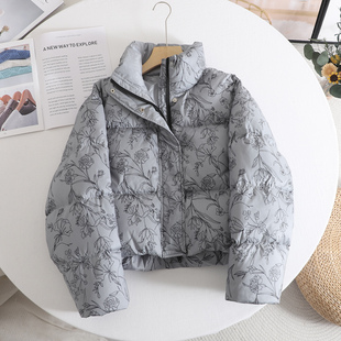 韩版立领短款羽绒服女水墨画老钱风90绒立领羽绒服2025秋冬新款