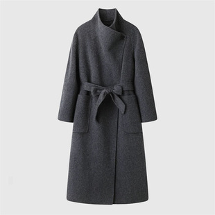 毛呢外套 长款 艾 优雅气质收腰显瘦系带双面呢大衣女2025秋冬新款