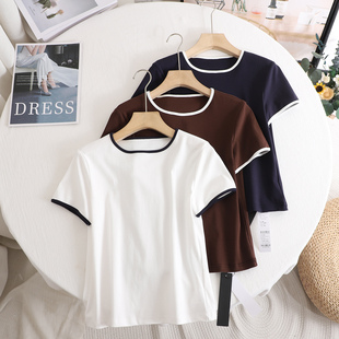 百搭气质高级感撞色拼接圆领短袖 艾 时尚 新款 T恤上衣女 2025夏季