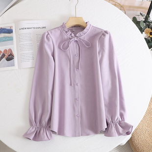 荷叶边袖 熙 女2026春季 温柔风立领紫色系带衬衫 减龄气质上衣 法式