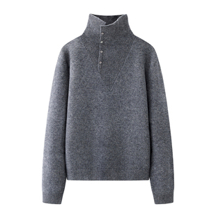 上衣 内搭打底针织衫 艾 慵懒风高领灰色半开襟毛衣女2025秋冬新款