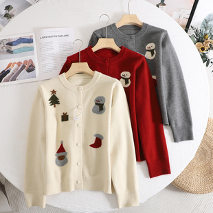 复古提花毛衣外套 韩式 氛围感圣诞卡通雪人刺绣针织开衫 女2025冬季