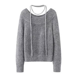 新款 女2025冬季 设计感格雷系套头毛衣上衣 灰色圆领绑带针织衫 艾