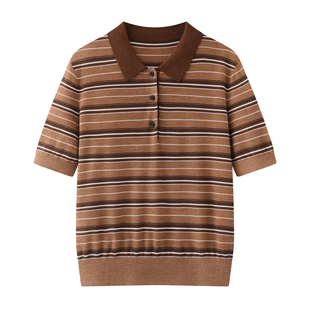 复古棕色条纹短袖 针织衫 2026春装 POLO领翻领套头短袖 女 新款 麦