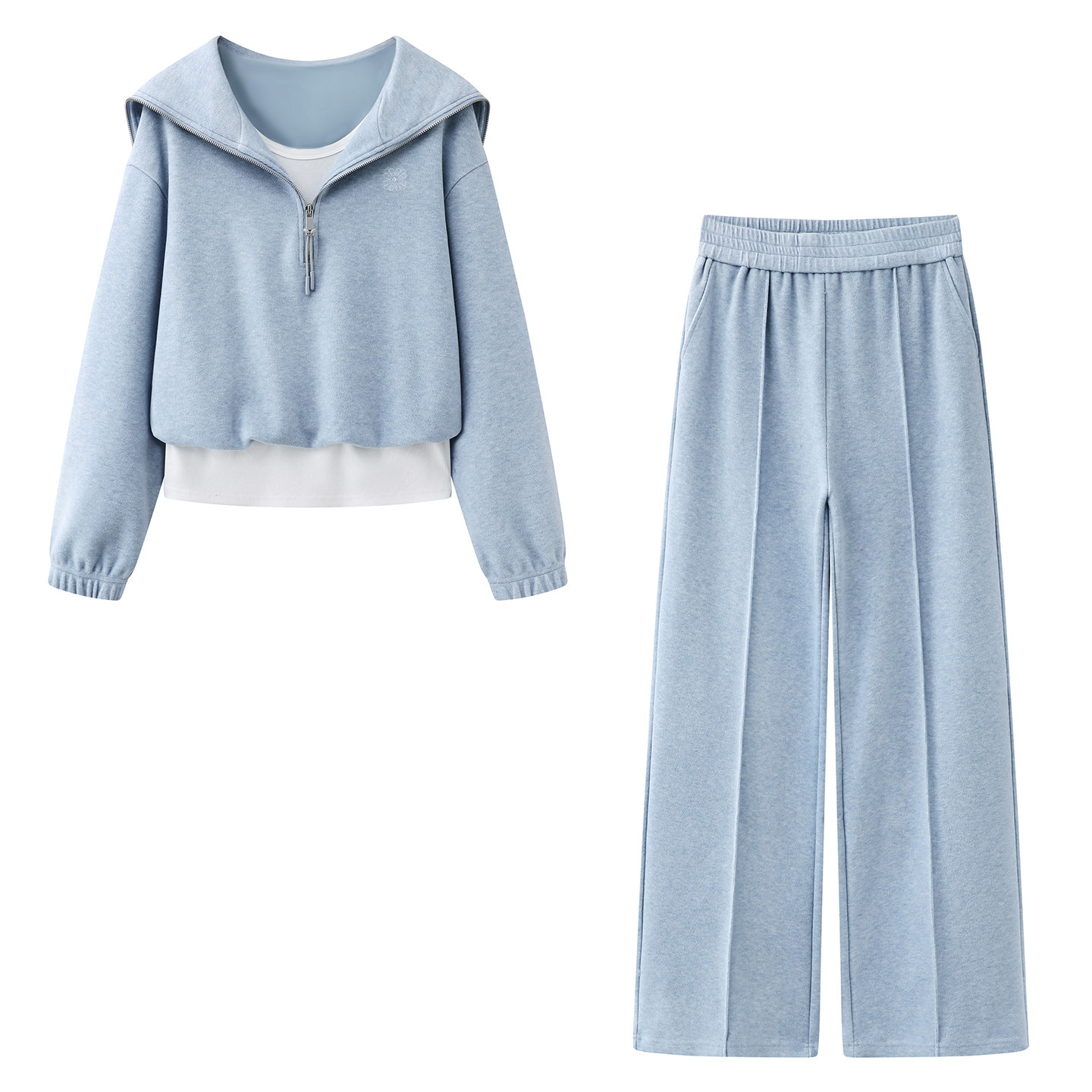 影系 蓝色运动套装女2026春季新款假两件拼接卫衣阔腿裤两件套,女装/女士精品,时尚套装,淘宝优惠券,粉丝福利购,淘宝优惠卷